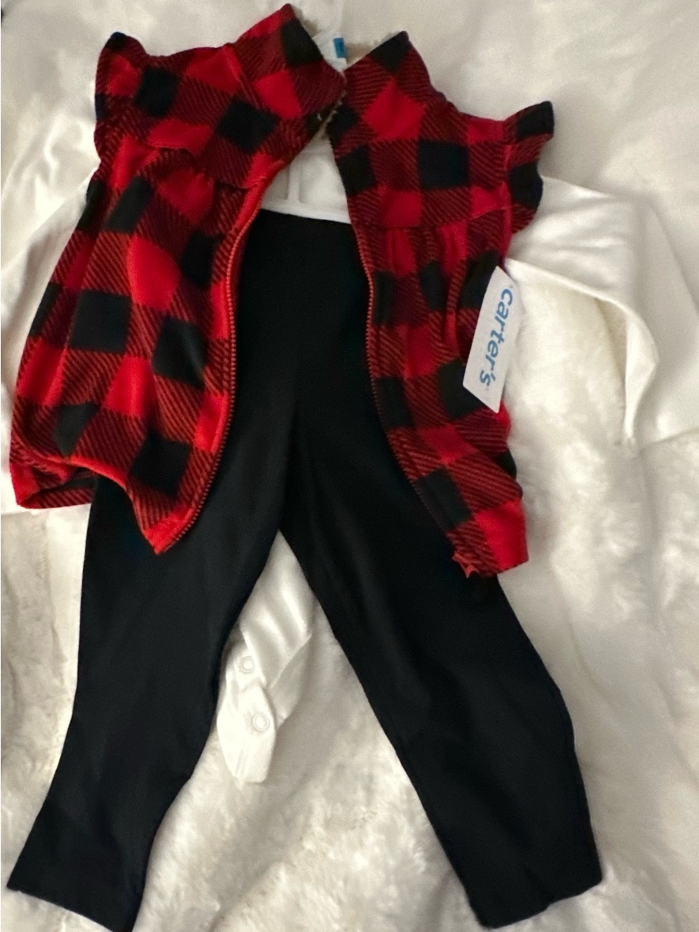Carter's Red & Black Buffalo Plaid Vest with Black Leggings Set